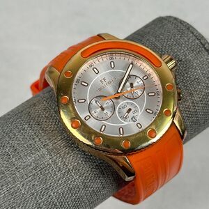 Folli Follie Watch Mens 44mm Orange Chrono Date Gold Tone Quartz New Battery